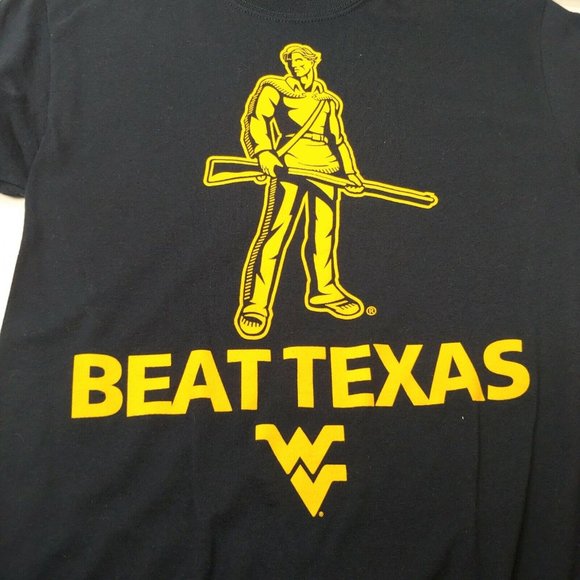 West Virginia University Mountaineers Beat Texas Unisex S T Shirt Blue Gold EUC - Picture 2 of 5